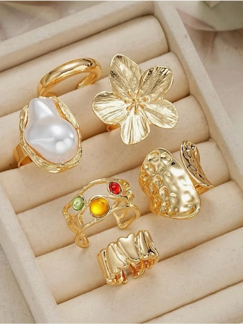 Gold Floral & Pearl Rings. Accent Chunky Gold Stackable Ring Set /Knuckle